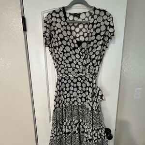 J.B.S. Black and White Wrap Midi Dress with Flutter Sleeves